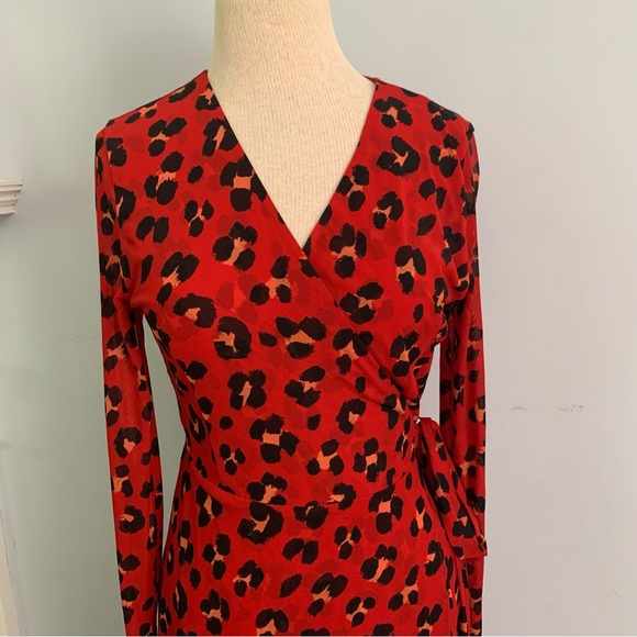 CAbi red animal print wrap dress, “Siren” Style mesh cheetah leopard print, Sz M - Picture 10 of 13